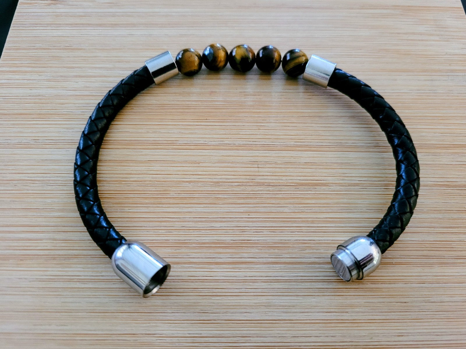 Bracelet Cuir/Pierre 5 Perles Œil De Tigre 21cm Solide Mixte (Min2)