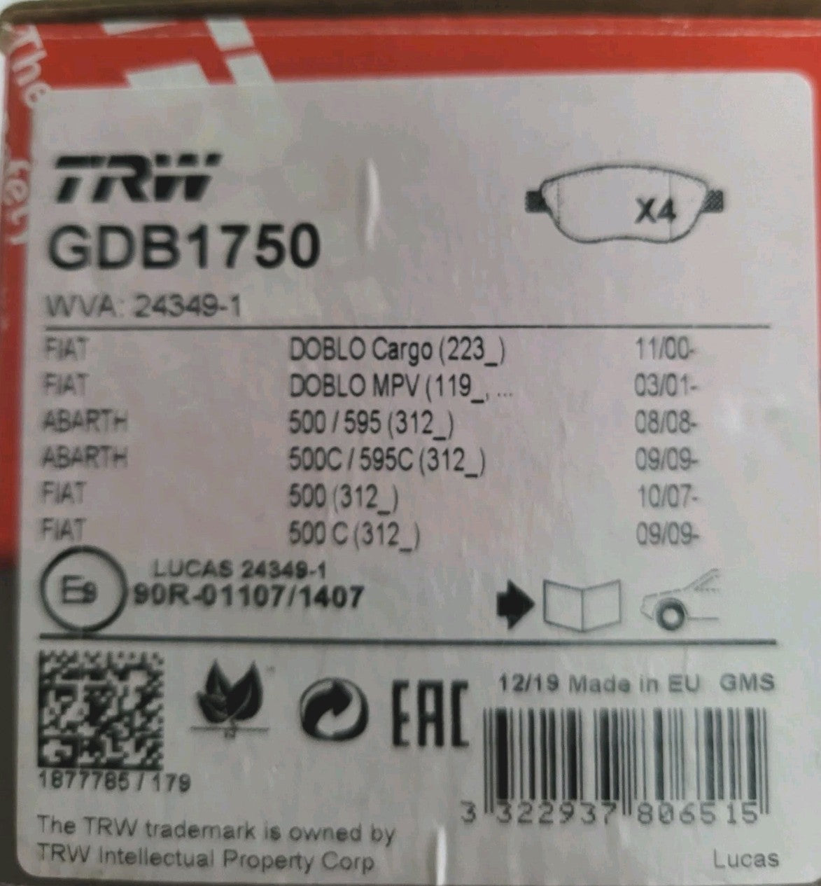 Jeu De Plaquettes TRW Fiat 500 Doblo GDB1750 (#AUT124)