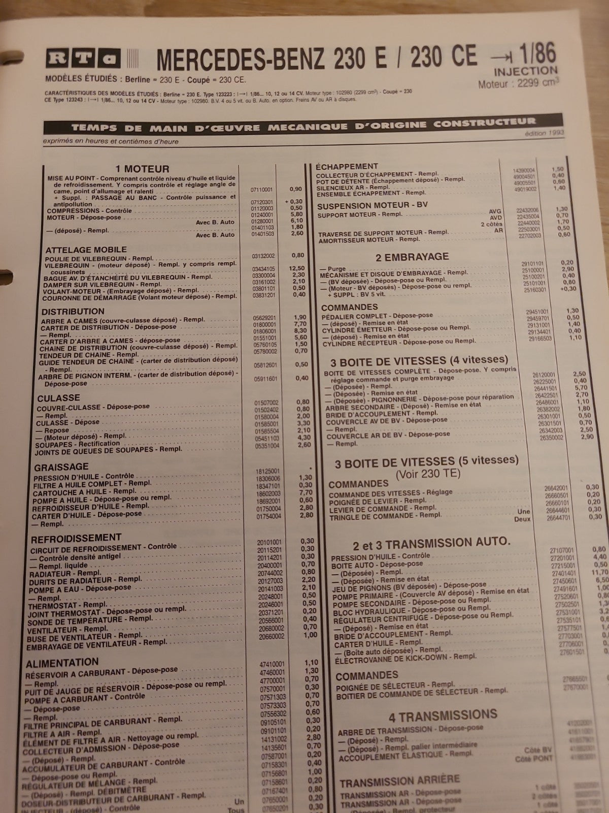 Baremes Temps Revue Technique Automobile MERCEDES Collector 1993 (Liv156)