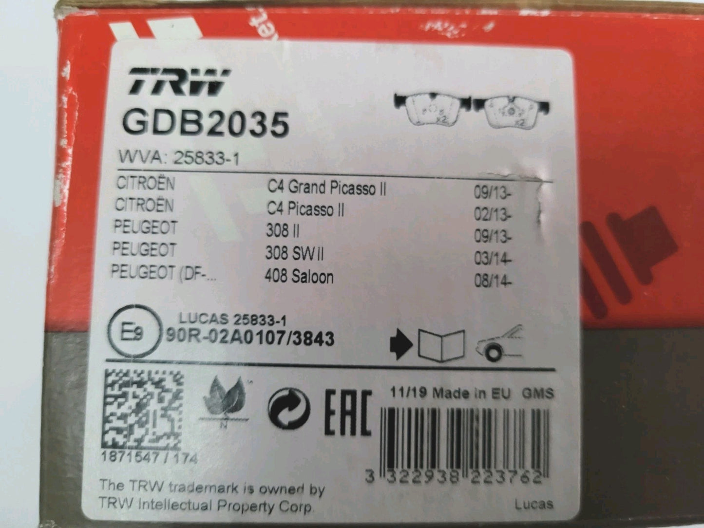 Jeu De Plaquettes TRW Citroën Peugeot 308 C4 408 GDB2035 (#AUT118)