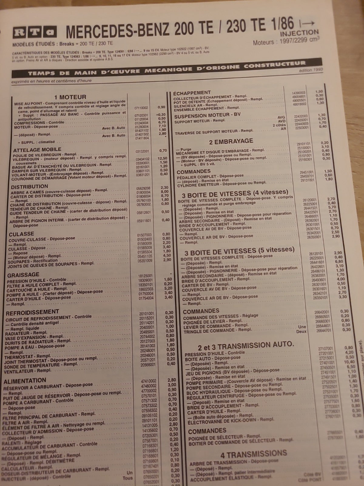 Baremes Temps Revue Technique Automobile MERCEDES Collector 1993 (Liv156)